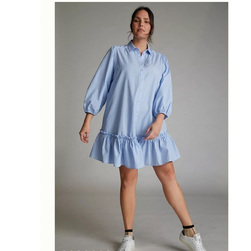 Anthropologie Sally Oversized Tunic Shirt Dress Blue White Striped Ruffle XS‎
